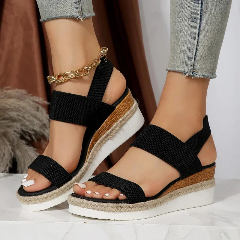 Women's Shoes 2025 Hot Sale Elastic Band Women's Sandals Summer Open Toe Solid Color Wedge Beach Shoes Ladies Platform Sandals