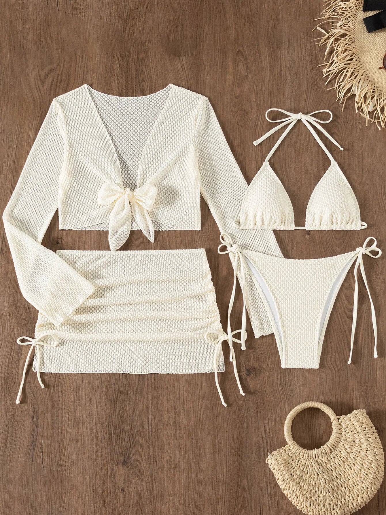 Sexy Mesh White 4 Piece Bikini Set 2025 Women Long Sleeve Cover Up with Skirt Swimsuit Beach Bathing Suit Holiday Thong Swimwear