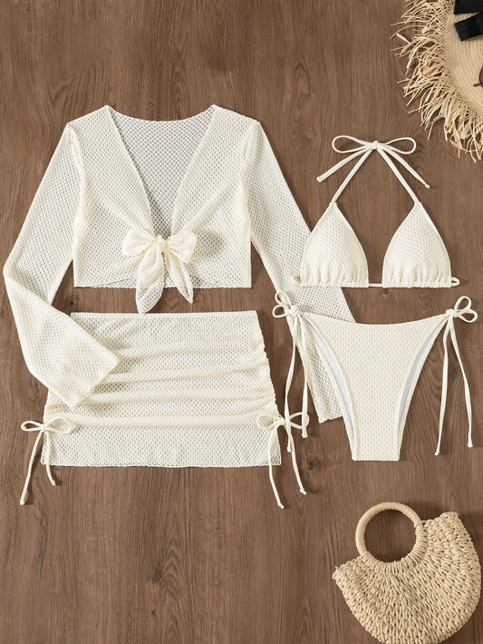 Sexy Mesh White 4 Piece Bikini Set 2025 Women Long Sleeve Cover Up with Skirt Swimsuit Beach Bathing Suit Holiday Thong Swimwear