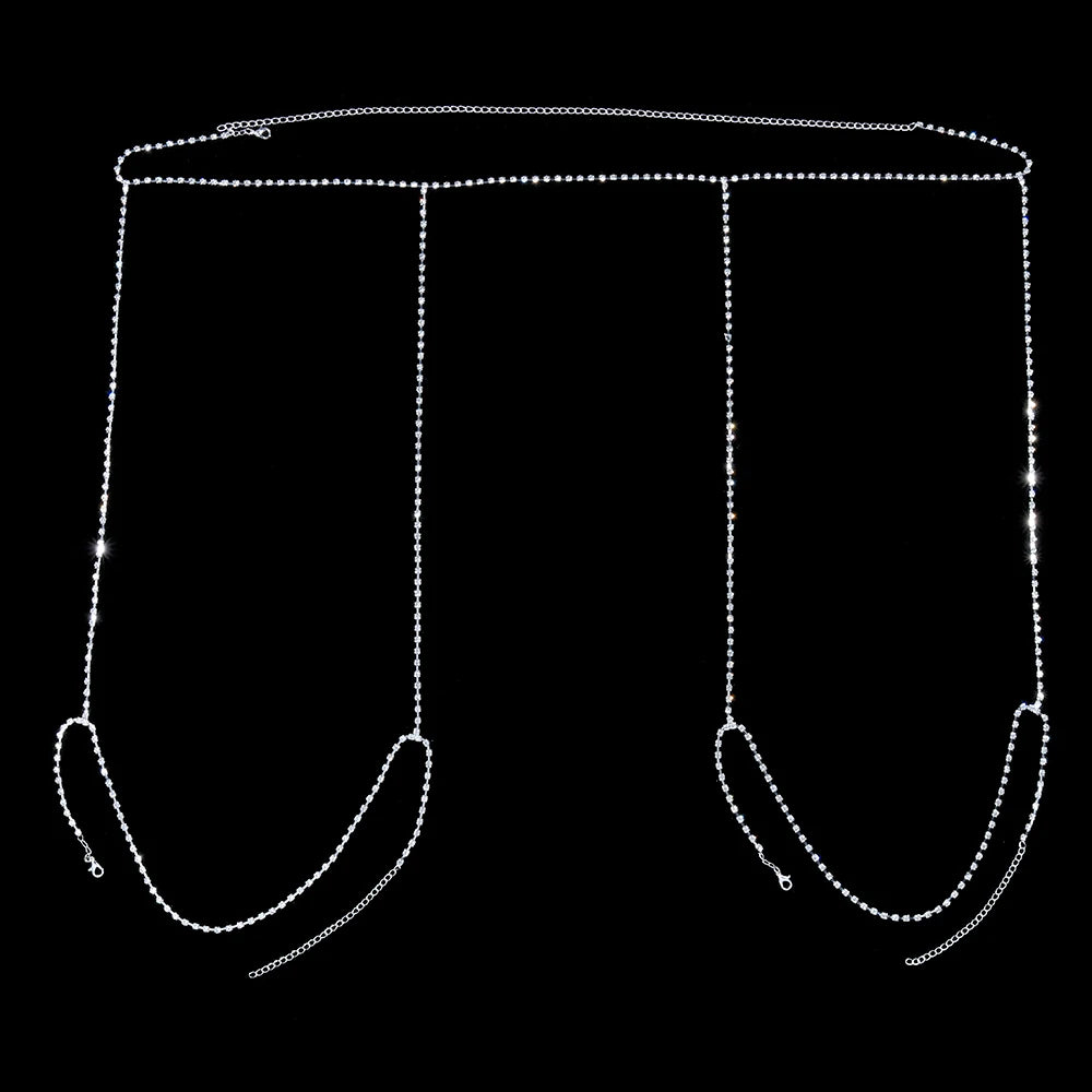 Sexy Rhinestone Body Jewelry Sets For Women Belly Waist Chain Rave Crystal Thong and Leg Thigh Chain Set Bikini Harness Festival
