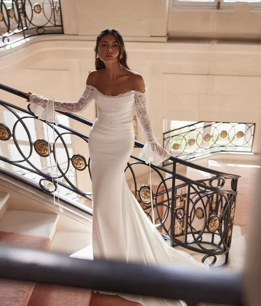 Fashion Off The Shoulder Mermaid Wedding Dress 2025 Sexy Lace Flare Sleeve Boho Bridal Dresses Elegant customized