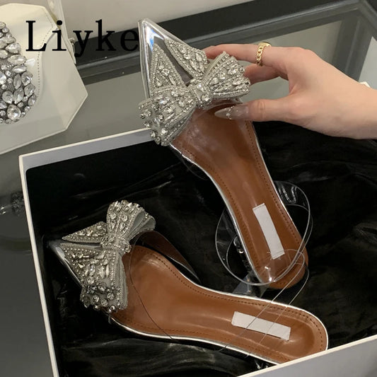 Liyke Fashion Design Crystal Bowknot Women Pumps Sexy Pointed Toe Mules Low Square Heels Slingback Shoes PVC Transparent Sandals