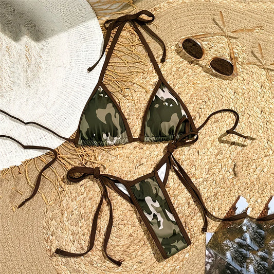 Camouflage Print Halter String Triangle Bikini Mini Micro Sexy Swimsuit Women 2025 Lace-up Swimwear Bathing Suit Bikinis Sets