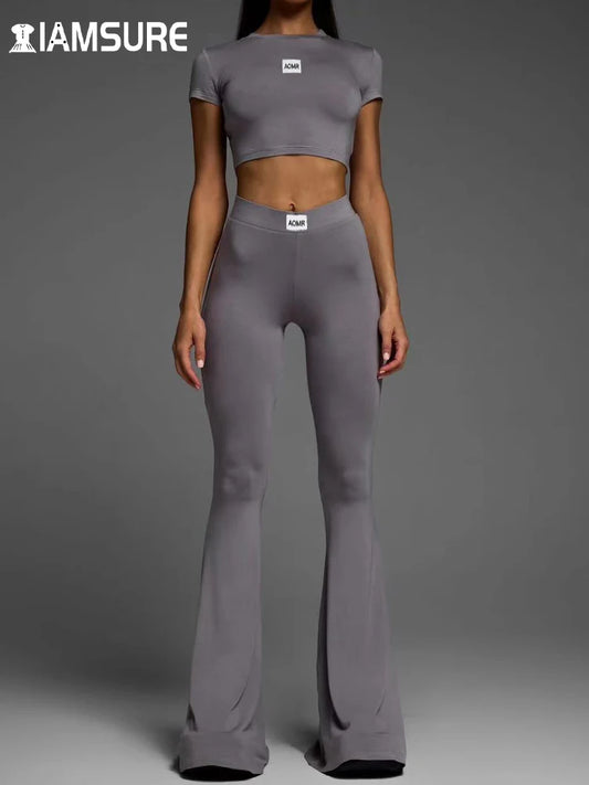 IAMSURE Yoga Basic Solid Pants Set Women Sporty Activewear Slim 2 Piece Sets Short Sleeve Cropped T Shirt High Waist Flare Pants