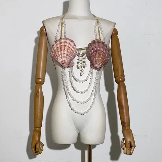 Sexy Women Handmade Shell Lingerie Tide Temperament Women Hundred Tank Corset Body Chain Hanging Neck Bikini Top