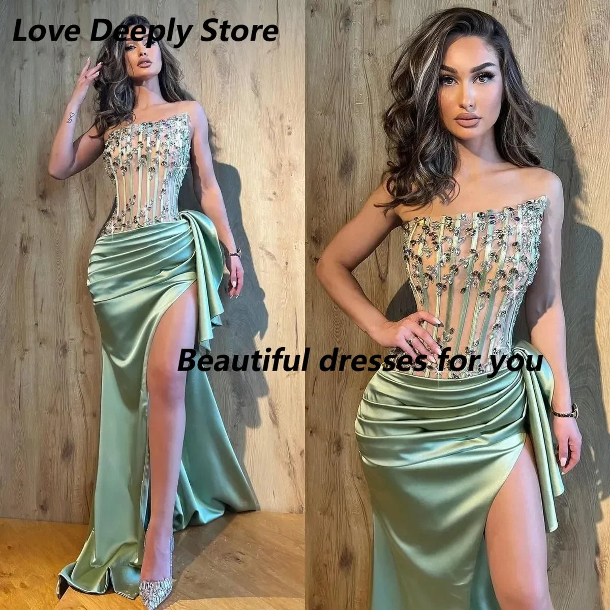Customized Prom Dress Crystal Illusion Strapless Evening Dresses Vestidos De Gala Split Pleats Formal Long Dress for Special Ocn