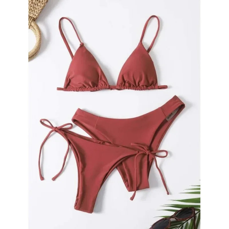 OIINAA Sexy Bikini Set Women Swimsuit Solid Three-pieces Lace Up Bow Swimwear Beachwear Summer 2025 Thong Bather Bathing Suit