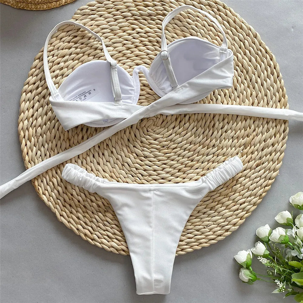 Sexy Push Up Swimsuit for Women White Micro Bikini Thong Underwired Swimwear Bathing Suit Black Bikinis Sets 2025 Mujer Bather