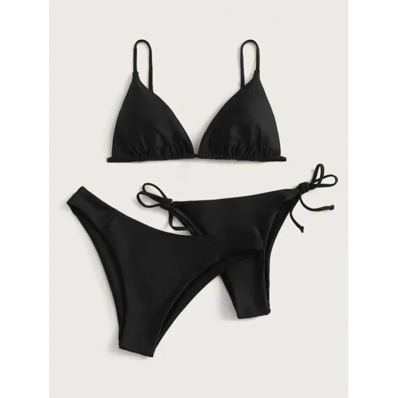 OIINAA Sexy Bikini Set Women Swimsuit Solid Three-pieces Lace Up Bow Swimwear Beachwear Summer 2025 Thong Bather Bathing Suit