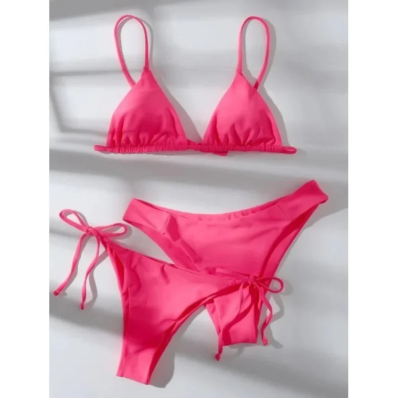 OIINAA Sexy Bikini Set Women Swimsuit Solid Three-pieces Lace Up Bow Swimwear Beachwear Summer 2025 Thong Bather Bathing Suit