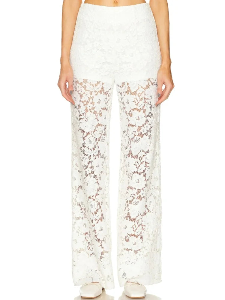 Women Lace Flare Pants See Through High Waist Loose Bell Bottoms Long Trousers for Daily Party