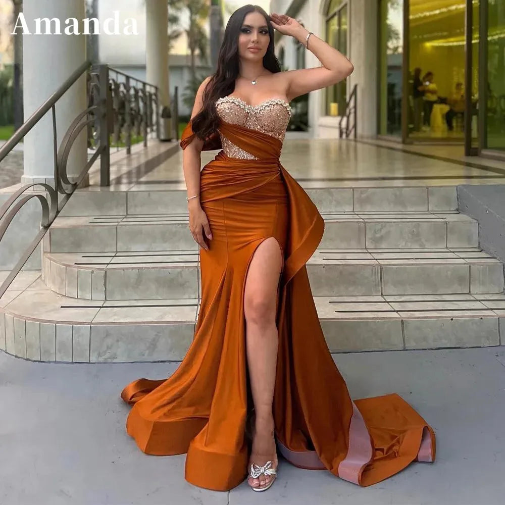 Luxury Strapless vestidos de noche Mermaid Satin Prom Dresses  Sleeveless Glitter Floor-Length Formal Evening Customized