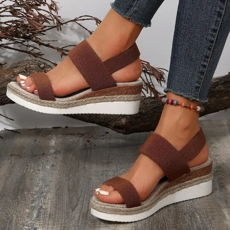 Women's Shoes 2025 Hot Sale Elastic Band Women's Sandals Summer Open Toe Solid Color Wedge Beach Shoes Ladies Platform Sandals