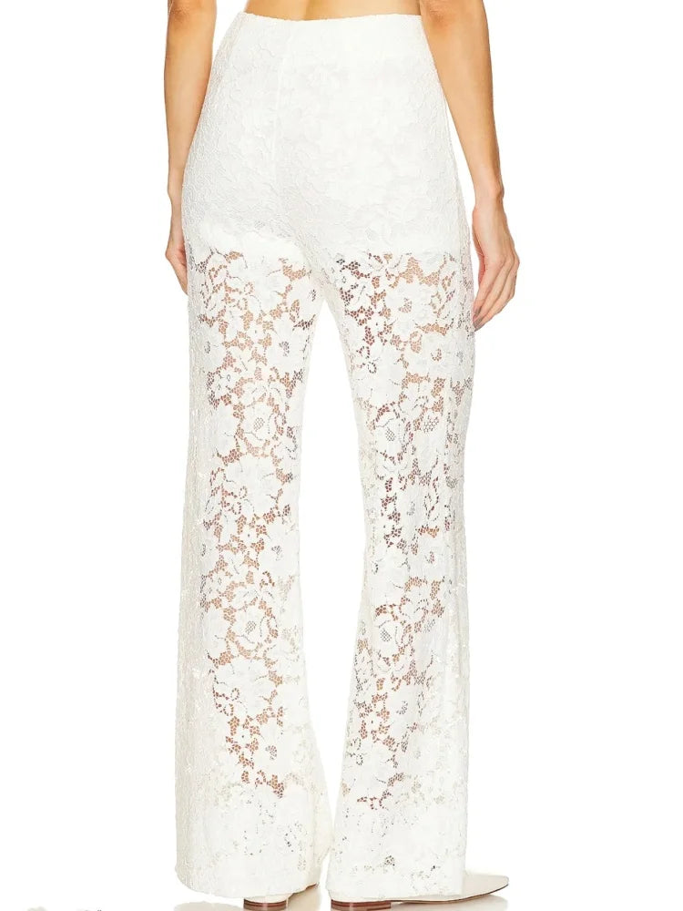 Women Lace Flare Pants See Through High Waist Loose Bell Bottoms Long Trousers for Daily Party