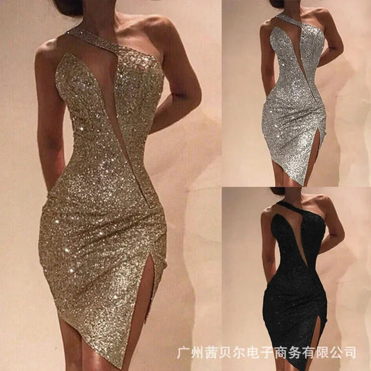 Women New One-shoulder Split Dress Sleeveless Sexy High Waist Bodycon Mini Dress