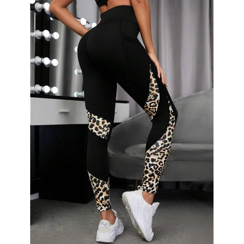 Leopard Print Leggings Women Spliced High Waist Pants Workout Running Sexy Hip Liftting Sports Pants Quick Drying Yoga Leggings