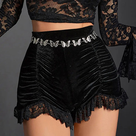 Goth Dark Mall Gothic Velvet Ruched Sexy Shorts Skirts E-girl Grunge High Waist Skinny Bottoms Women Lace Hem Autumn Alt Clothes