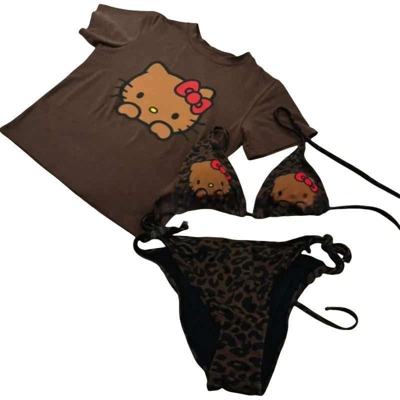 Kawaii Hello Kitty Beach Sexy with Chest Cushion Bikini Three Piece Set Sanrio Comic Split Body Swimsuit Underwear Set Kit Gift