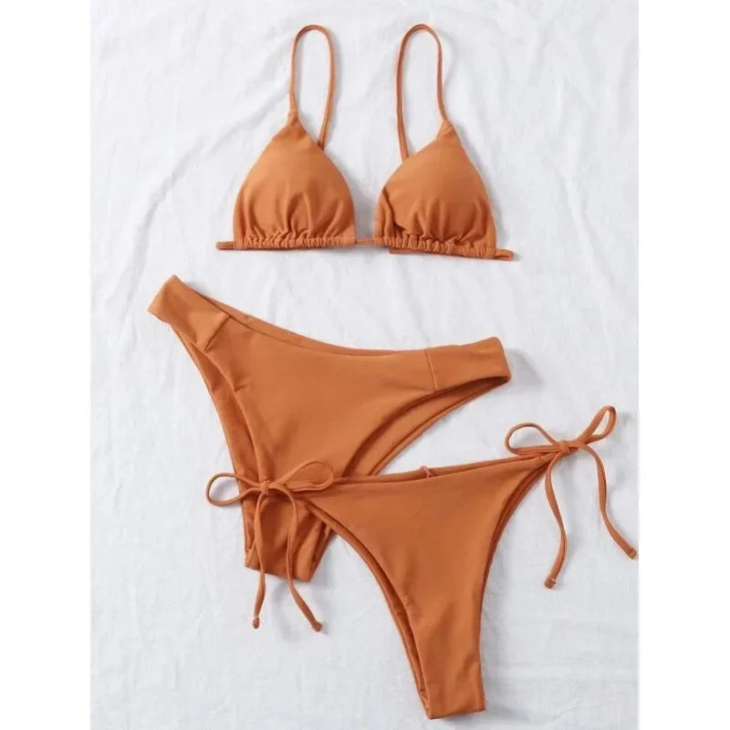 OIINAA Sexy Bikini Set Women Swimsuit Solid Three-pieces Lace Up Bow Swimwear Beachwear Summer 2025 Thong Bather Bathing Suit
