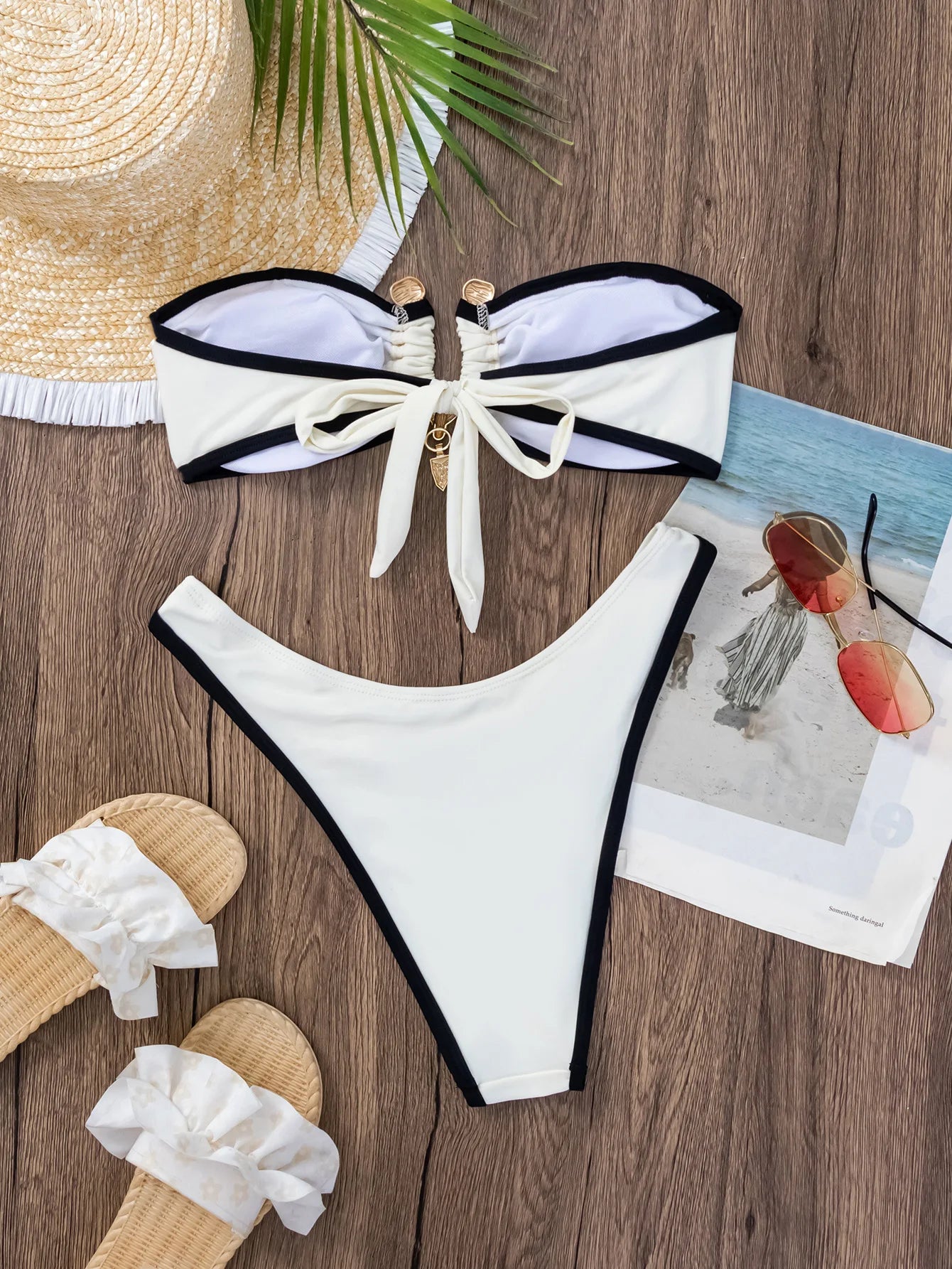 Bandeau Bikini 2025 Women Sexy Beige Contrast Pleate Push Up Micro Swimwear Brazilian Cut Out Beach Bathing Suit Thong Swimsuit