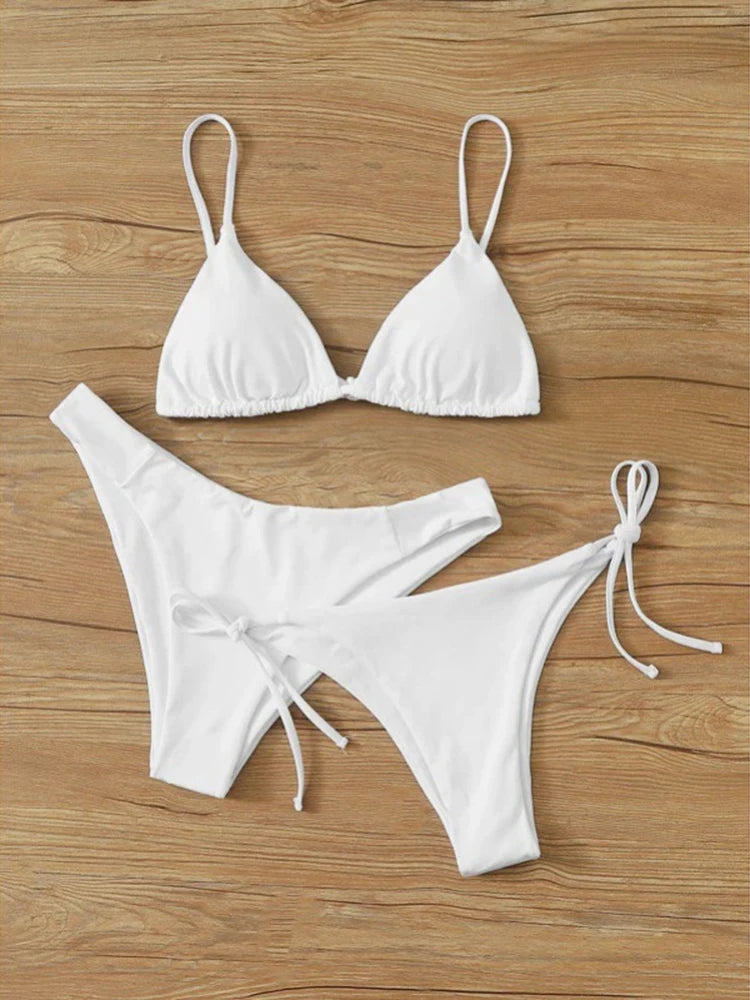 OIINAA Sexy Bikini Set Women Swimsuit Solid Three-pieces Lace Up Bow Swimwear Beachwear Summer 2025 Thong Bather Bathing Suit