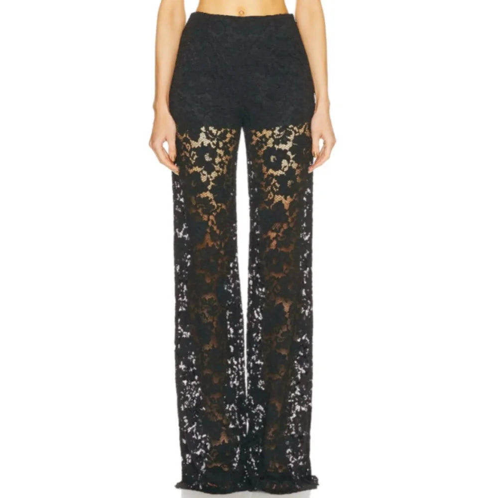 Women Lace Flare Pants See Through High Waist Loose Bell Bottoms Long Trousers for Daily Party