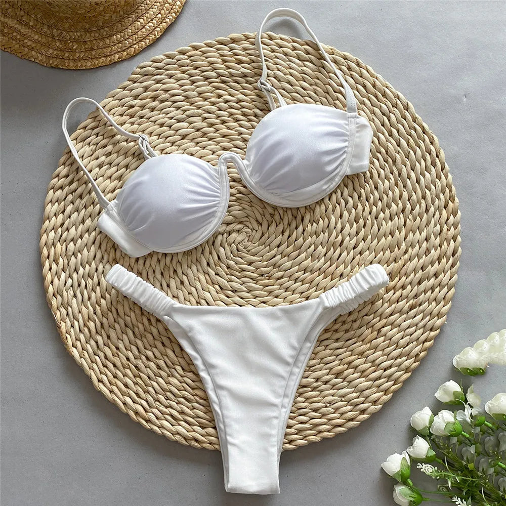 Sexy Push Up Swimsuit for Women White Micro Bikini Thong Underwired Swimwear Bathing Suit Black Bikinis Sets 2025 Mujer Bather