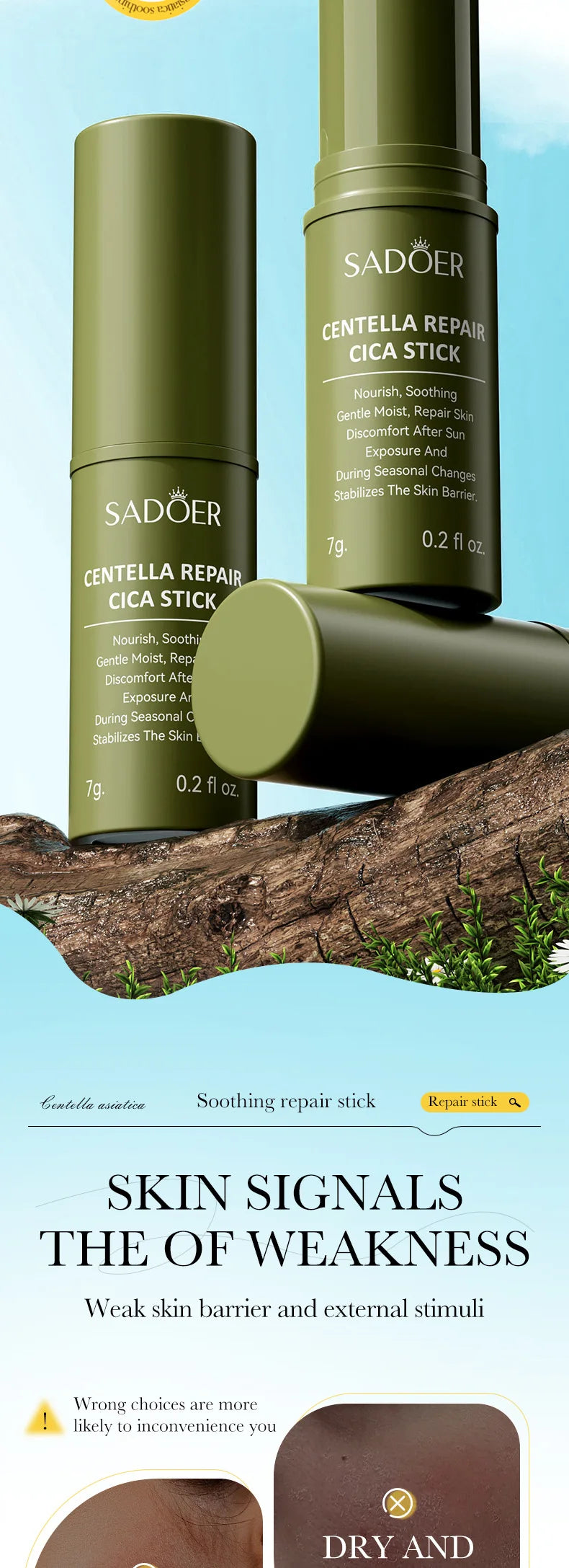 SADIER Centella Solid Face Cream Stick Smooth Repair Skin Barrier Moisturizing Oil Control Makeup Removal Face Skin Care Stick
