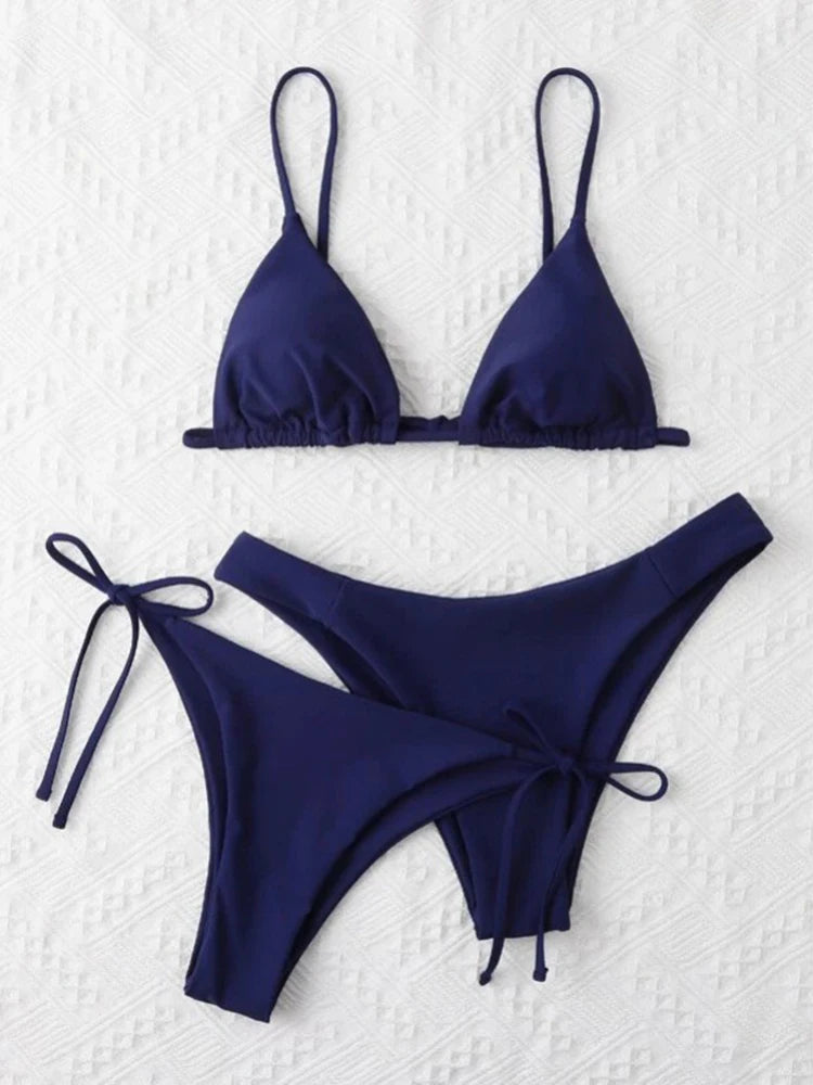 OIINAA Sexy Bikini Set Women Swimsuit Solid Three-pieces Lace Up Bow Swimwear Beachwear Summer 2025 Thong Bather Bathing Suit