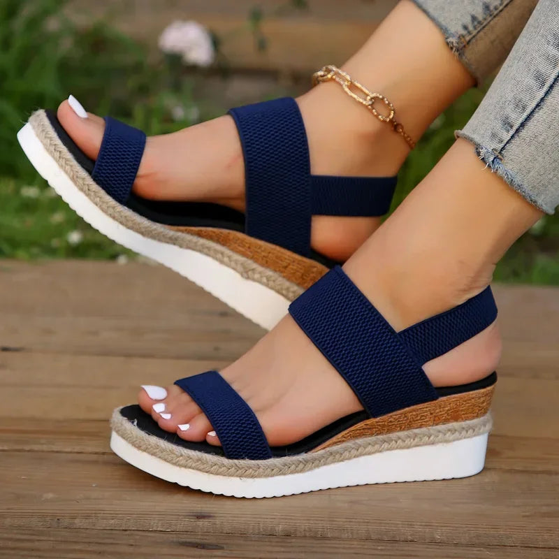 Women's Shoes 2025 Hot Sale Elastic Band Women's Sandals Summer Open Toe Solid Color Wedge Beach Shoes Ladies Platform Sandals