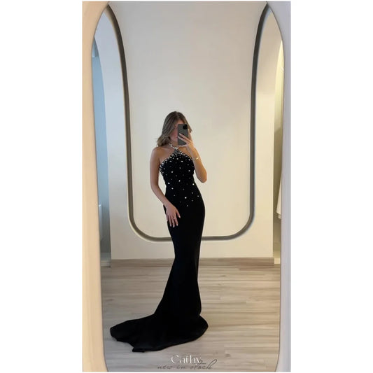 Cathy Black Bright Rhinestones Mermaid Prom Dress Halter Neck Sleeveless vestidos de noiva Customized Sweep Train Formal Evening
