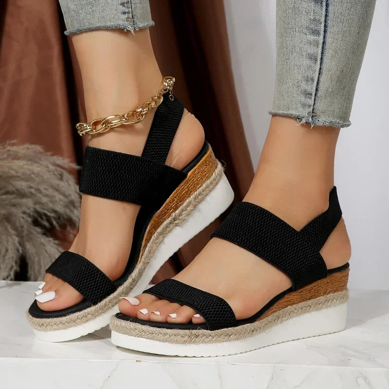 Women's Shoes 2025 Hot Sale Elastic Band Women's Sandals Summer Open Toe Solid Color Wedge Beach Shoes Ladies Platform Sandals