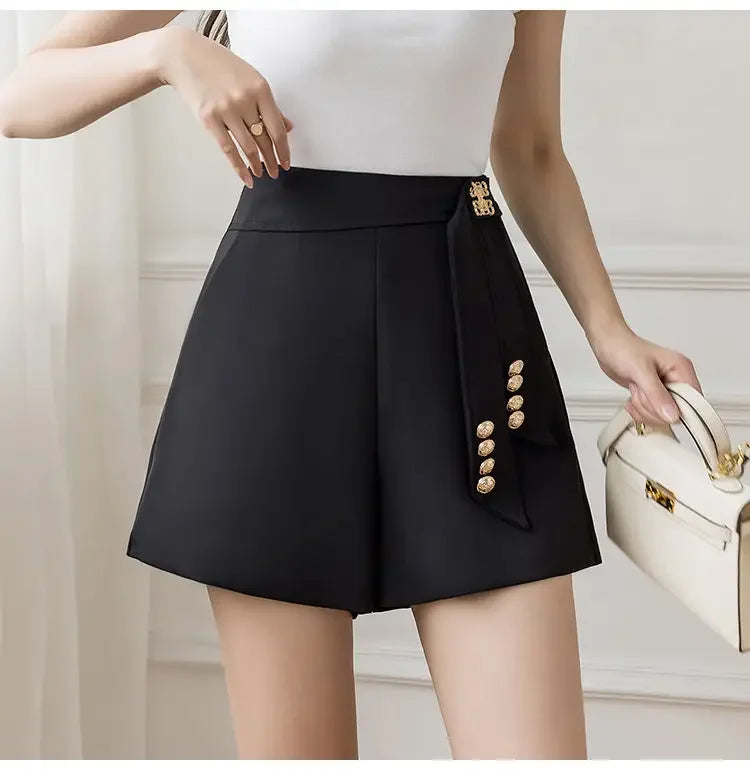 Casual All-match High Waist Wide Leg Shorts for Female Simplicity Commute Solid Color Spliced Shorts Fashion Women's Clothing
