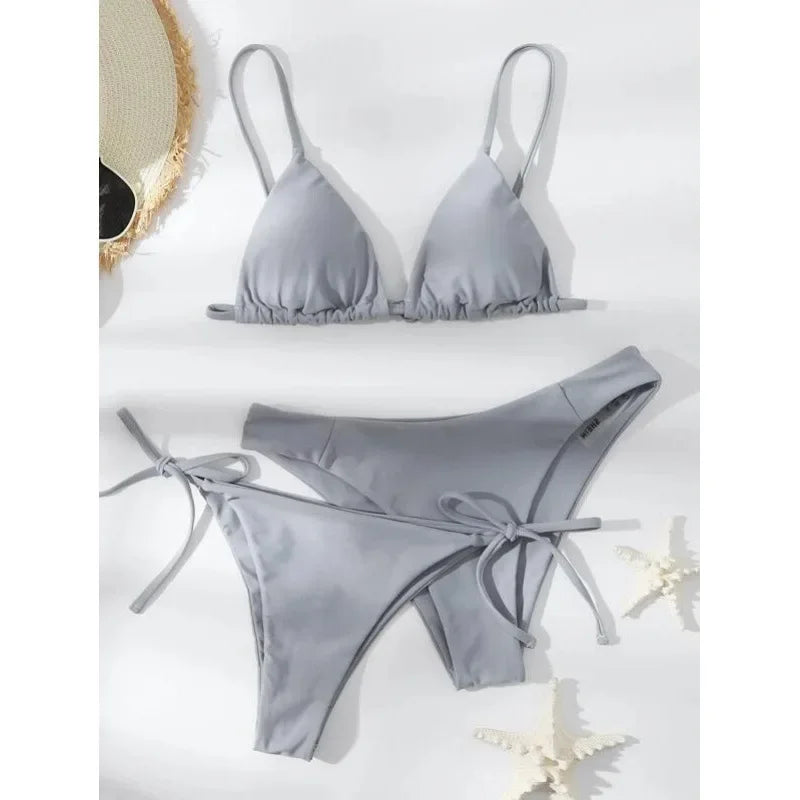 OIINAA Sexy Bikini Set Women Swimsuit Solid Three-pieces Lace Up Bow Swimwear Beachwear Summer 2025 Thong Bather Bathing Suit
