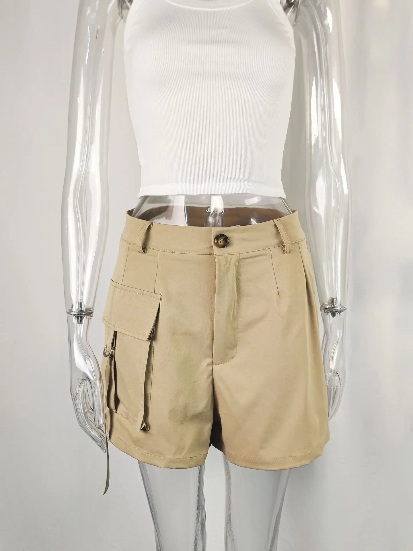 Shorts Solid Women Zipper Fly High Waist Shorts Casual Spliced Pockets Patchwork 2025 Summer Button Skinny Slim Fit Sports