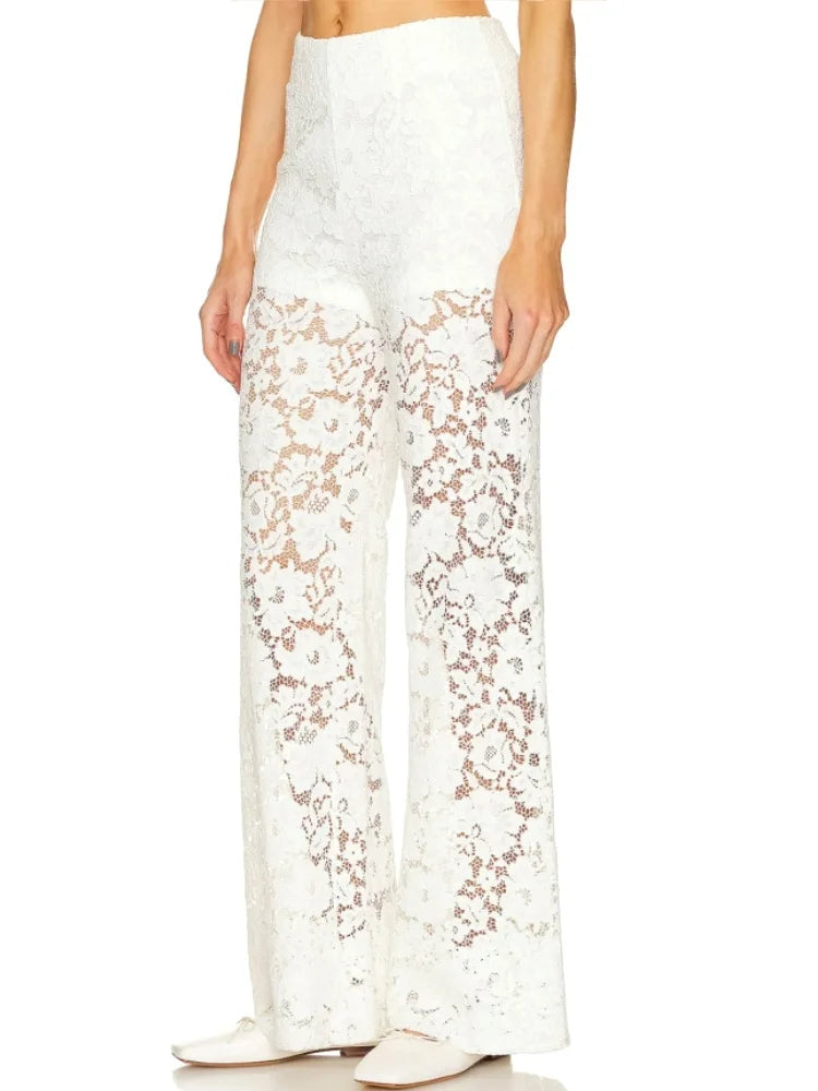 Women Lace Flare Pants See Through High Waist Loose Bell Bottoms Long Trousers for Daily Party