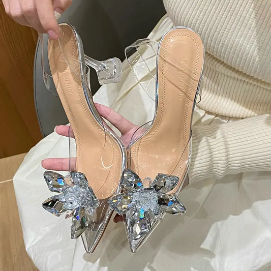 Silver Baotou Sandals Women 2025 New Summer Beautiful Pointy Wine Glass Celebrity Crystal Flower Transparent High Heels