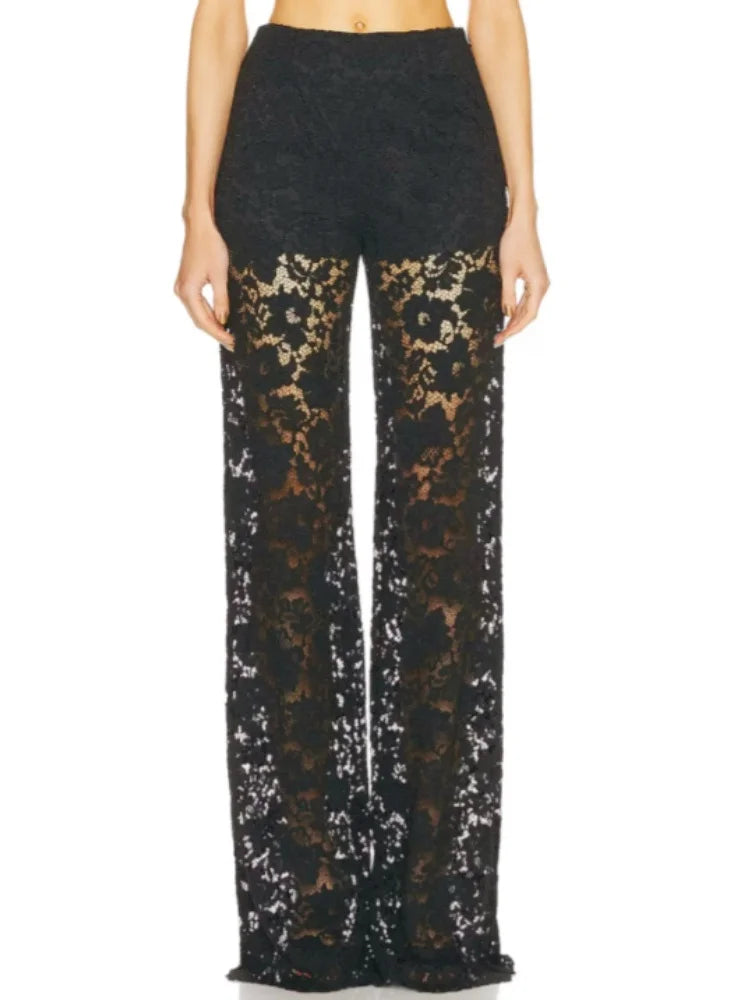 Women Lace Flare Pants See Through High Waist Loose Bell Bottoms Long Trousers for Daily Party