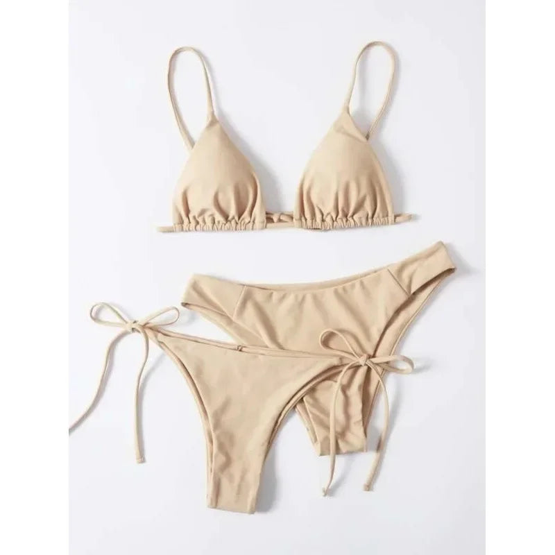 OIINAA Sexy Bikini Set Women Swimsuit Solid Three-pieces Lace Up Bow Swimwear Beachwear Summer 2025 Thong Bather Bathing Suit