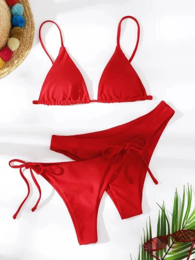 OIINAA Sexy Bikini Set Women Swimsuit Solid Three-pieces Lace Up Bow Swimwear Beachwear Summer 2025 Thong Bather Bathing Suit