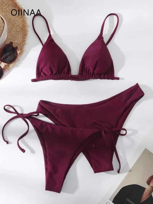 OIINAA Sexy Bikini Set Women Swimsuit Solid Three-pieces Lace Up Bow Swimwear Beachwear Summer 2025 Thong Bather Bathing Suit