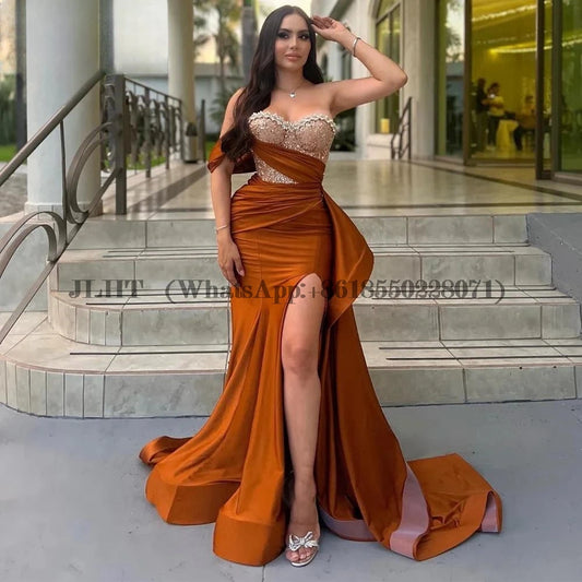 Luxury Strapless vestidos de noche Mermaid Satin Prom Dresses  Sleeveless Glitter Floor-Length Formal Evening Customized