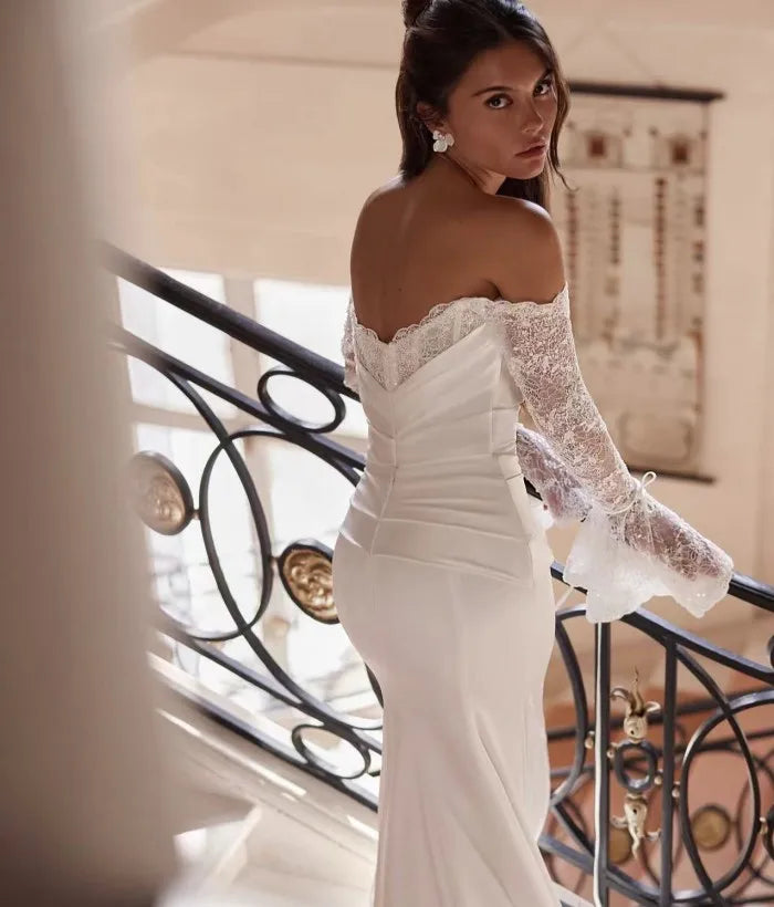 Fashion Off The Shoulder Mermaid Wedding Dress 2025 Sexy Lace Flare Sleeve Boho Bridal Dresses Elegant customized