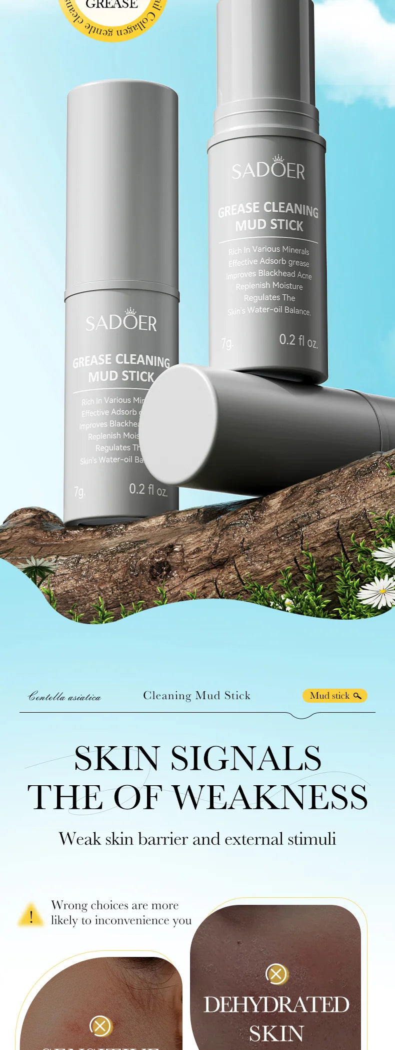 SADIER Centella Solid Face Cream Stick Smooth Repair Skin Barrier Moisturizing Oil Control Makeup Removal Face Skin Care Stick