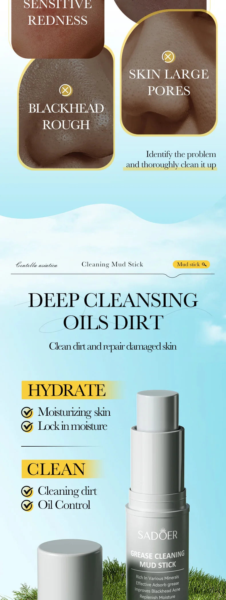 SADIER Centella Solid Face Cream Stick Smooth Repair Skin Barrier Moisturizing Oil Control Makeup Removal Face Skin Care Stick