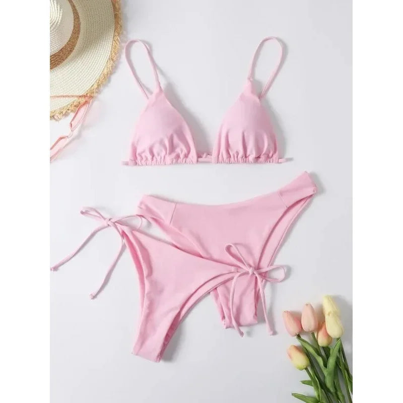 OIINAA Sexy Bikini Set Women Swimsuit Solid Three-pieces Lace Up Bow Swimwear Beachwear Summer 2025 Thong Bather Bathing Suit