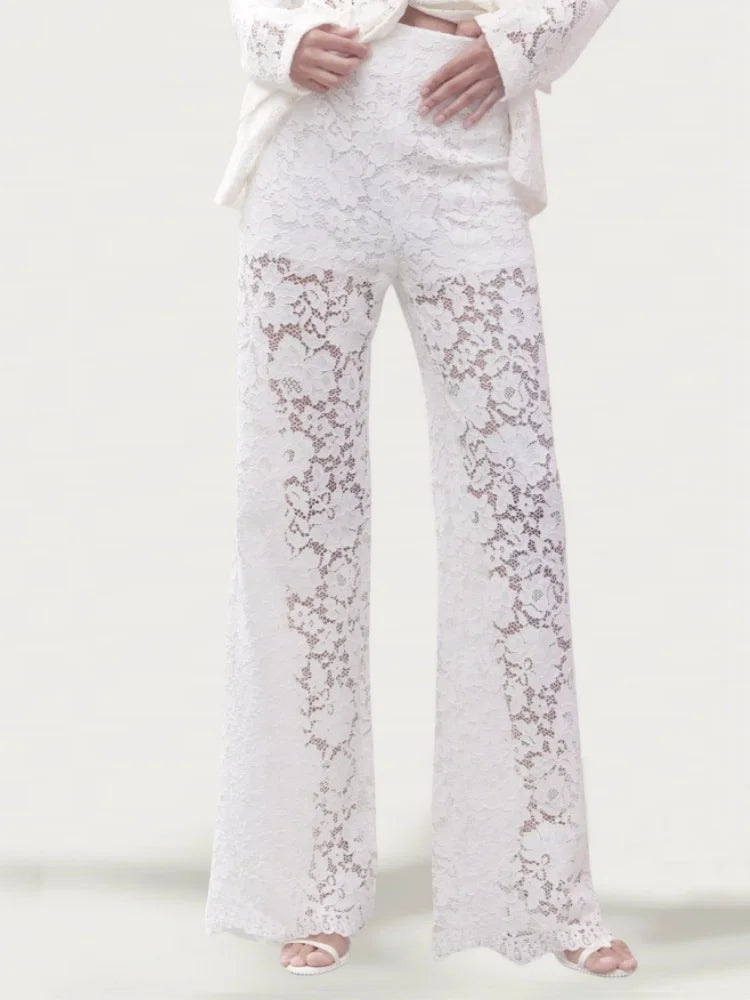 Women Lace Flare Pants See Through High Waist Loose Bell Bottoms Long Trousers for Daily Party