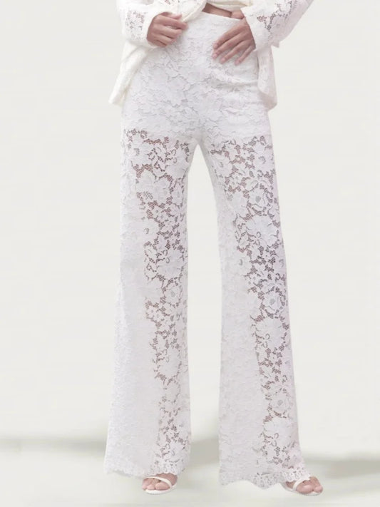 Women Lace Flare Pants See Through High Waist Loose Bell Bottoms Long Trousers for Daily Party