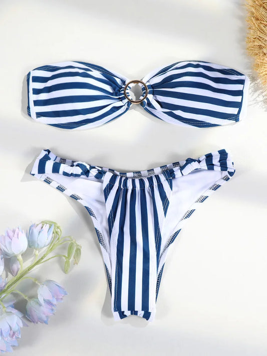 Sexy Bandeau Striped Bikinis Women's Swimwear 2025 Thongs Swimsuit Biquini Beachwear Bathing Suit Sexy Two Piece Ring Bikini Set