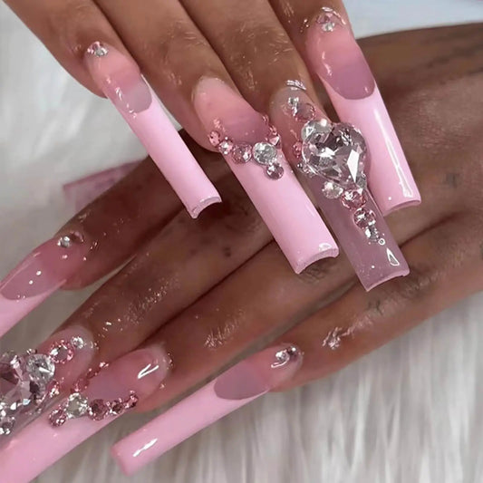 QQPPOLIU Xl Long Press on Nails Square Shape Fake Nails with Rhinestones Designs French Tip Nails Press on Acrylic Nails for Gift